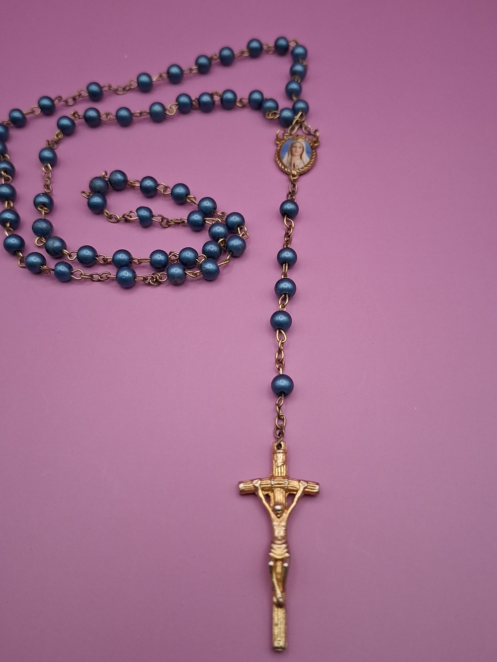 Blue Beaded Religious Rosary Necklace with Gold Tone Crucifix